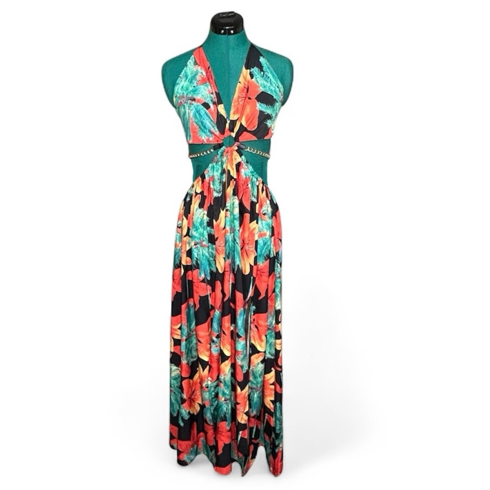 Tropical Halter Maxi Dress Backless Waist Chain Split Thigh - Picture 3 of 13